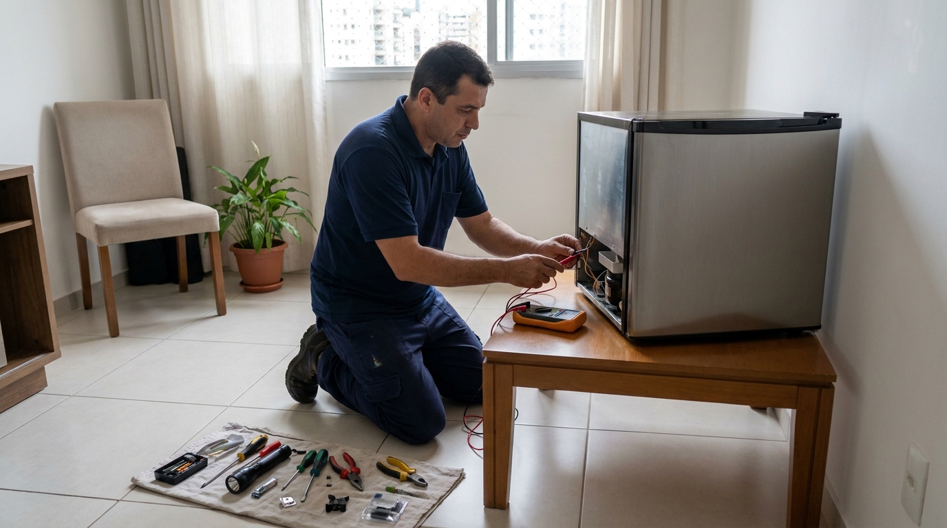 Técnico fazendo manutenção do motor de frigobar em Aracaju‑SE