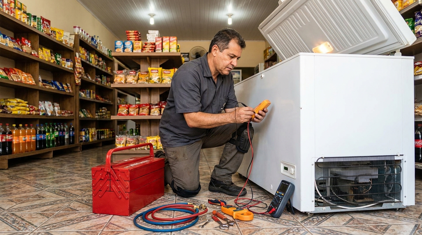 Recarga de gás refrigerante no freezer durante atendimento em Aracaju‑SE
