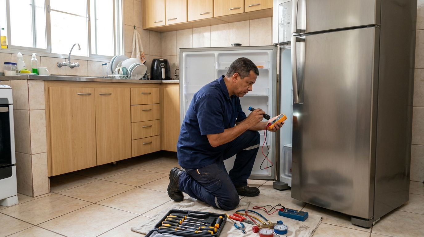 Técnico aplicando recarga de gás refrigerante em geladeira em Aracaju‑SE